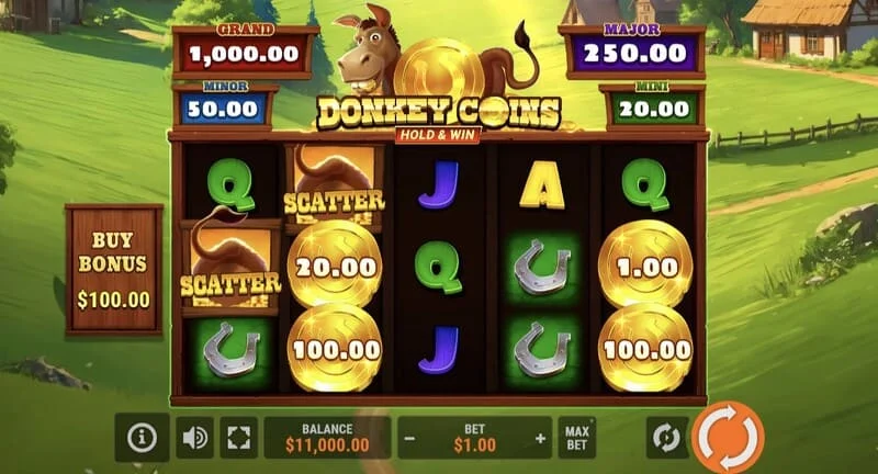 Donkey Coins Hold & Win – Hauptbildschirm mit Rollen